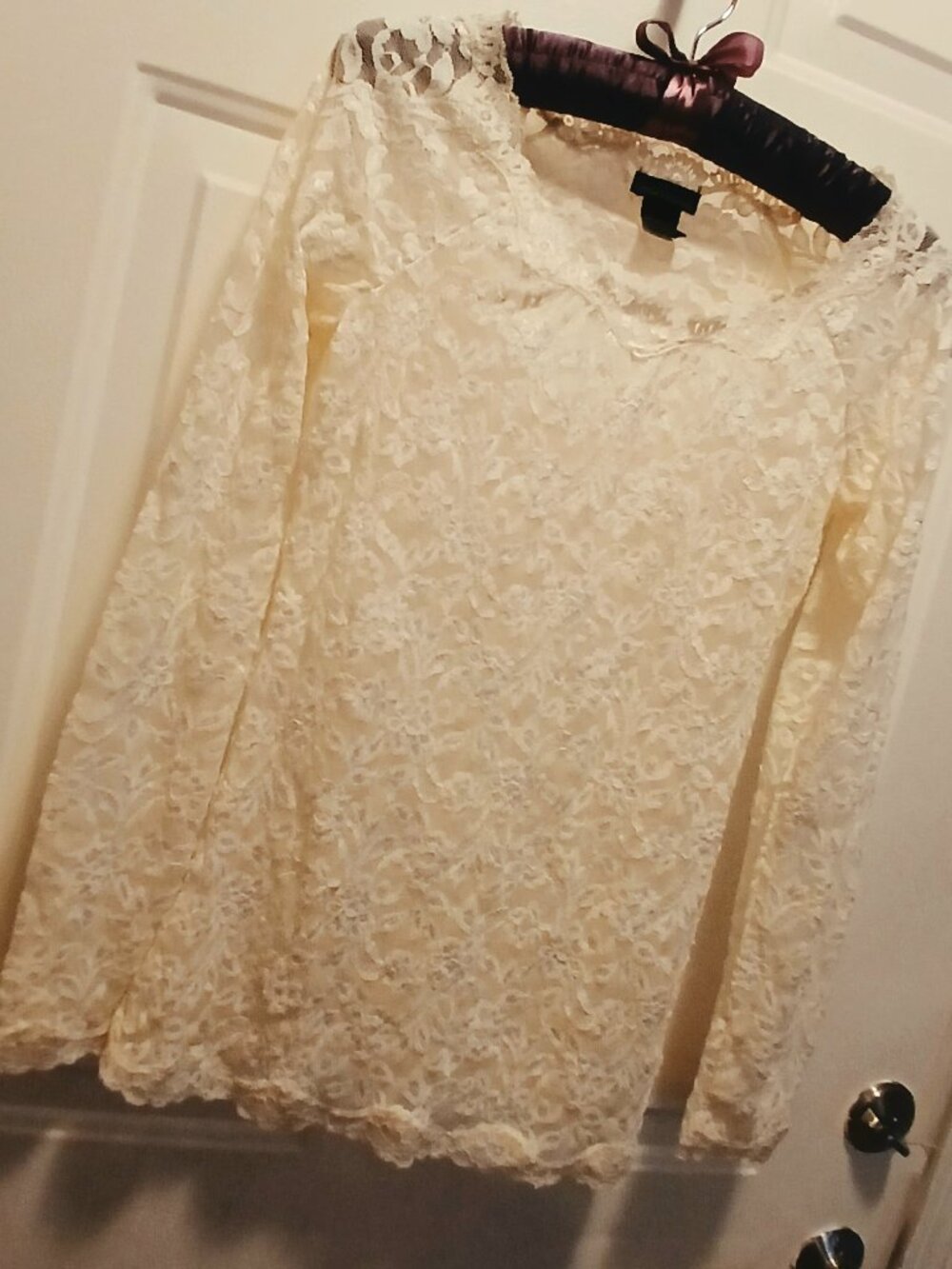 Ivory Sheer Lace Overlay Longsleeve Blouse